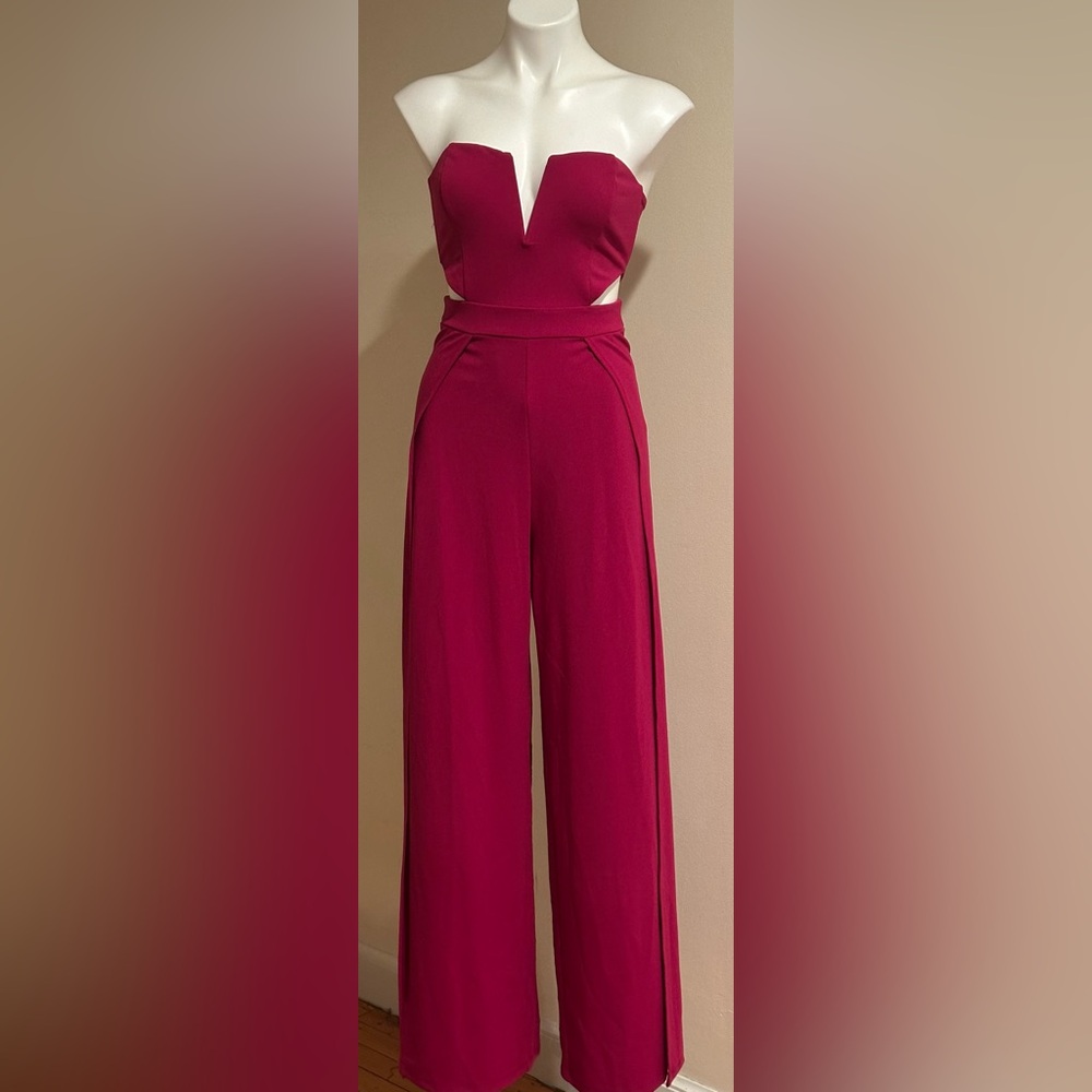 Lulu's  Pink Strapless Jumpsuit Wide & Large Leg Long Slits With Shorts Sz S